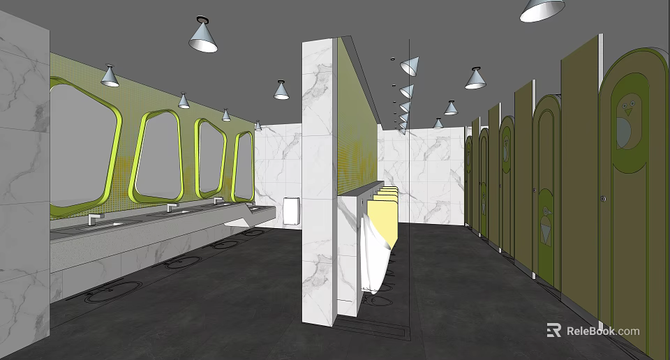 Public Restroom Interior Design With Yellow Stalls Marble Walls And Ceiling Lighting Fixtures 3d model 