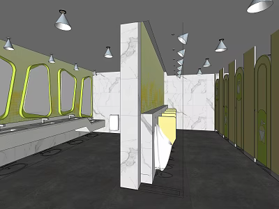 Public Restroom Interior Design With Yellow Stalls Marble Walls And Ceiling Lighting Fixtures 3d model