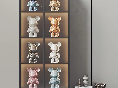 Colorful Bear Sculptures In Various Metallic Hues On Multi Tiered Display Shelf 3d model