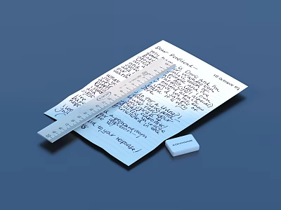 Simple Workspace Stationery Setup With Handwritten Paper Ruler And Eraser 3d model