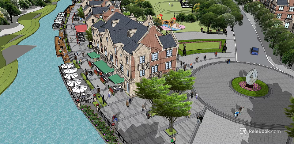 Charming Commercial Street Featuring European Style Architecture Pedestrians Shops And Waterfront 3d model 