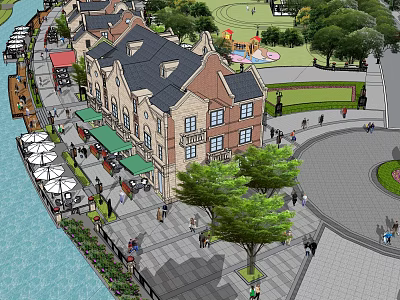 Charming Commercial Street Featuring European Style Architecture Pedestrians Shops And Waterfront 3d model