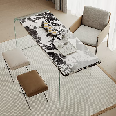 Modern Tea Table with Marble Top and Glass Legs and Beige Brown Chairs and Stools 3d model
