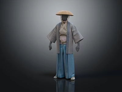 Traditional Japanese Clothing With Straw Hat Gray Top And Blue Pants 3d model