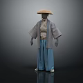 Traditional Japanese Clothing With Straw Hat Gray Top And Blue Pants