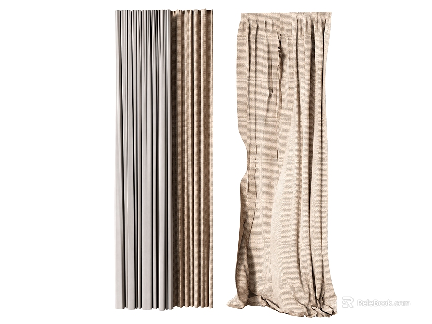 Striped Gray Brown And Solid Beige Linen Curtains For Home Decor 3d model 