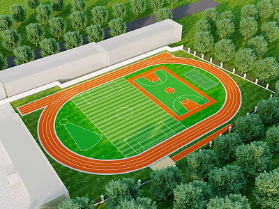 Basketball Court In Outdoor Stadium With Running Track Green Turf And Lush Trees 3d model