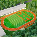 Basketball Court In Outdoor Stadium With Running Track Green Turf And Lush Trees