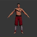 Shirtless Man 3D Render With Red Shorts Arm Armor Tattoos Standing On Gray Background