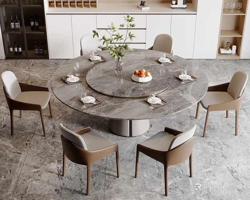 Round Marble Top Dining Table Set With Six Chairs Tableware And Vase Modern Style 3d model 