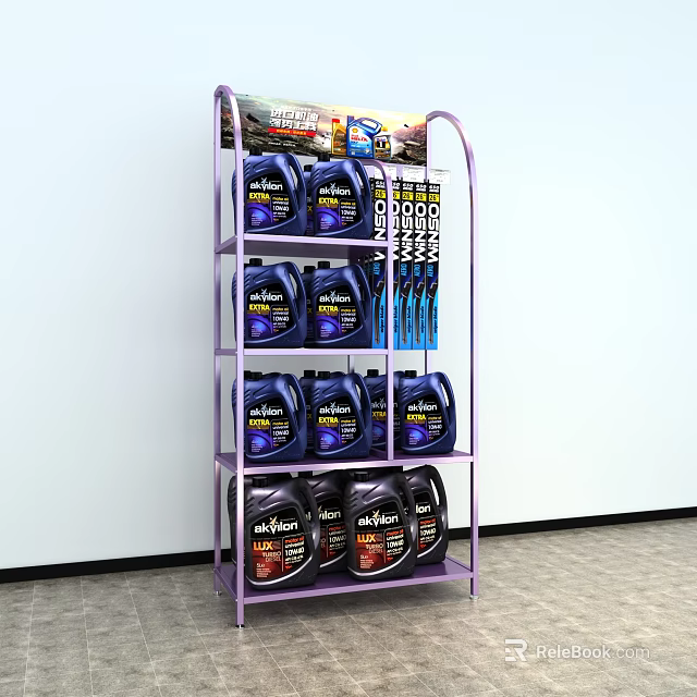 Purple Multi Tiered Shelving Unit Displaying Blue Motor Oil Jugs And Brushes 3d model 