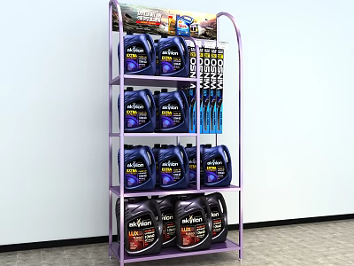 Purple Multi Tiered Shelving Unit Displaying Blue Motor Oil Jugs And Brushes 3d model
