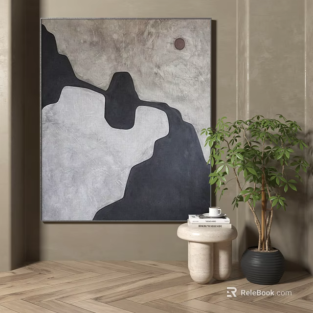 Interior Scene With Abstract Wall Art Small Table Potted Plant And Books 3d model