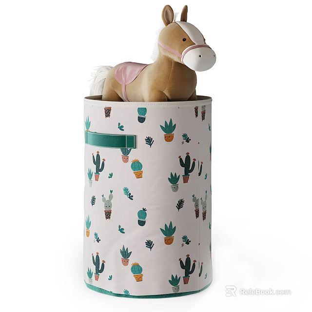 Cactus Patterned Storage Basket With White Base And Stuffed Toy Horse 3d model