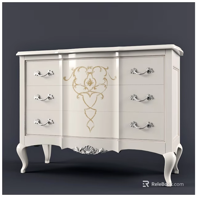 Elegant White Console Table With Drawers Silver Handles Golden Decoration And Carved Legs 3d model 