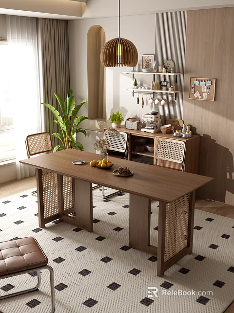 Natural Cozy Dining Table Set With Solid Wood And Woven Rattan Chairs And Potted Plant 3d model 