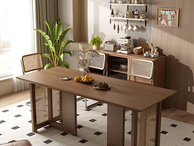 Natural Cozy Dining Table Set With Solid Wood And Woven Rattan Chairs And Potted Plant 3d model