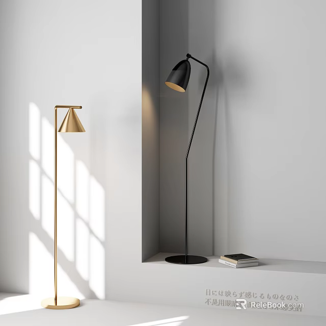 Modern Gold And Black Floor Lamps With Warm Light And Books On Shelf 3d model 