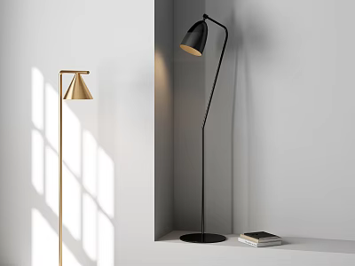 Modern Gold And Black Floor Lamps With Warm Light And Books On Shelf 3d model