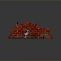 Broken Red Brick Wall Scene With Scattered Pieces And Raccoon Figure On Concrete Ground