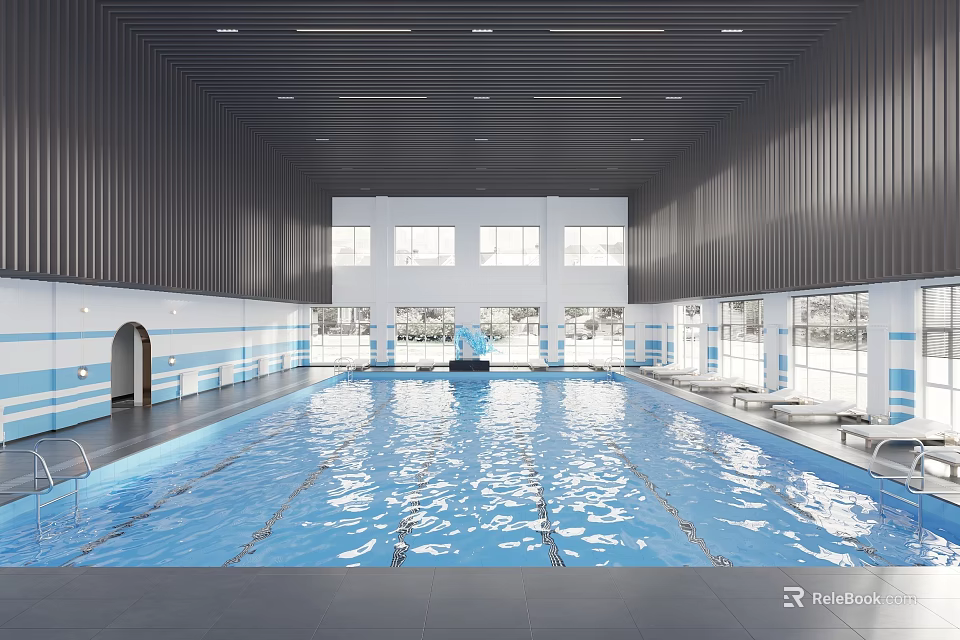 Modern Indoor Swimming Pool Interior With Large Windows And Loungers 3d model 