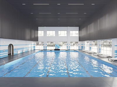 Modern Indoor Swimming Pool Interior With Large Windows And Loungers 3d model