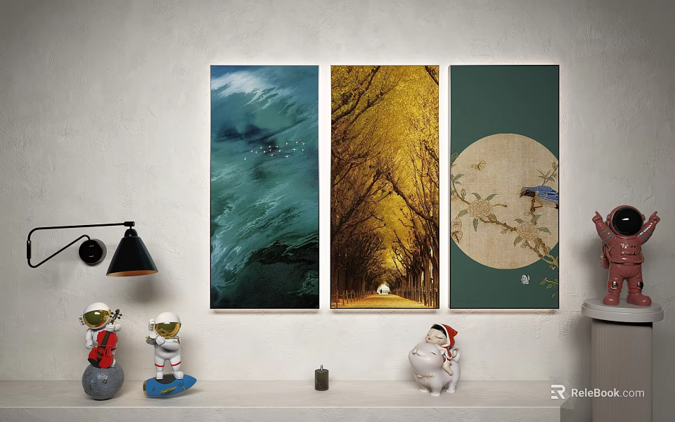 Room Decor With Three Wall Paintings Ocean Wave Golden Tree And Circular Bird Design 3d model 