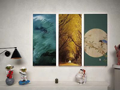 Room Decor With Three Wall Paintings Ocean Wave Golden Tree And Circular Bird Design 3d model
