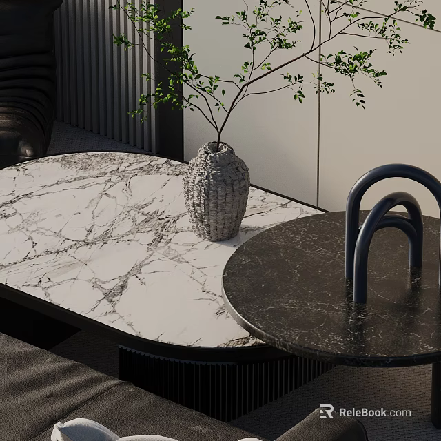 Modern Sofa And Coffee Table Combination With Marble Surfaces Decorative Vase And Greenery 3d model 