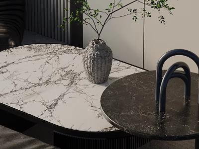 Modern Sofa And Coffee Table Combination With Marble Surfaces Decorative Vase And Greenery 3d model