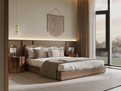 Modern Minimalist Bedroom Interior With Wooden Headboard Macramé Wall Hanging And Large Window Natural Light 3d model