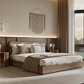Modern Minimalist Bedroom Interior With Wooden Headboard Macramé Wall Hanging And Large Window Natural Light