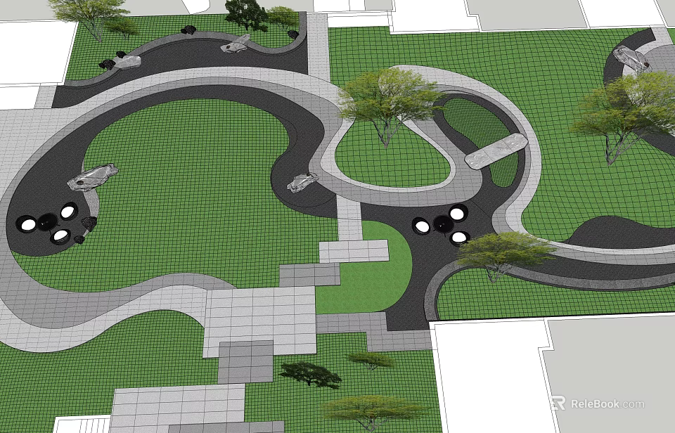 Garden Landscape Design Featuring Curved Pathways Green Lawns Trees And Paved Areas 3d model 
