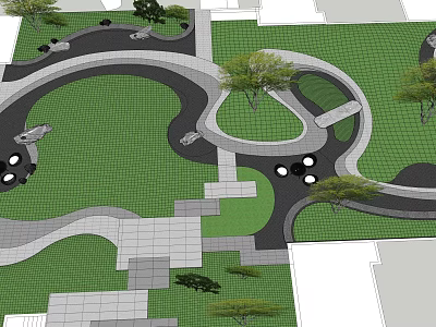 Garden Landscape Design Featuring Curved Pathways Green Lawns Trees And Paved Areas 3d model