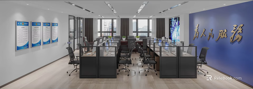 Modern Public Office Space With Cubicles Black Office Chairs Large Windows And City View 3d model 