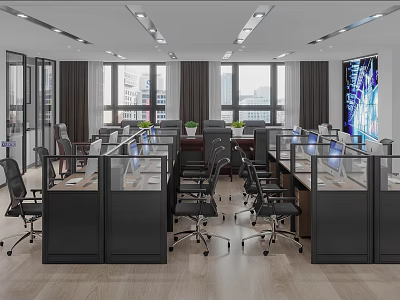 Modern Public Office Space With Cubicles Black Office Chairs Large Windows And City View 3d model