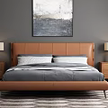 Double Bed With Brown Leather Headboard Gray White Bedding Side Tables And Lamps On Dark Gray Wall