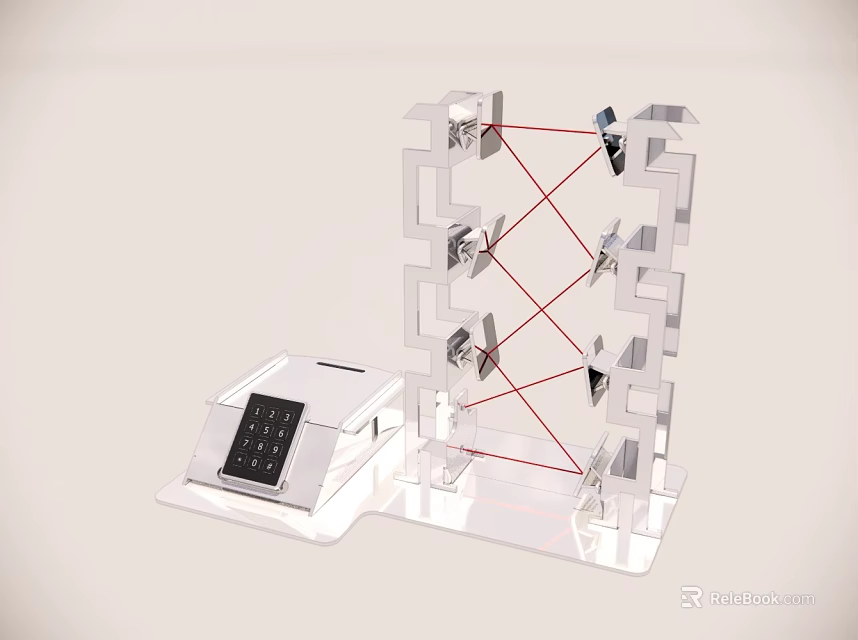 Transparent Mechanical Structure With White Control Panel And Red Connecting Lines 3d model