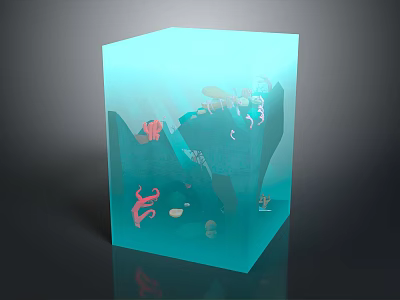 Cartoon Underwater Scene Inside Transparent Blue Cube With Pink Seaweed And Small Fish 3d model