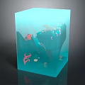 Cartoon Underwater Scene Inside Transparent Blue Cube With Pink Seaweed And Small Fish