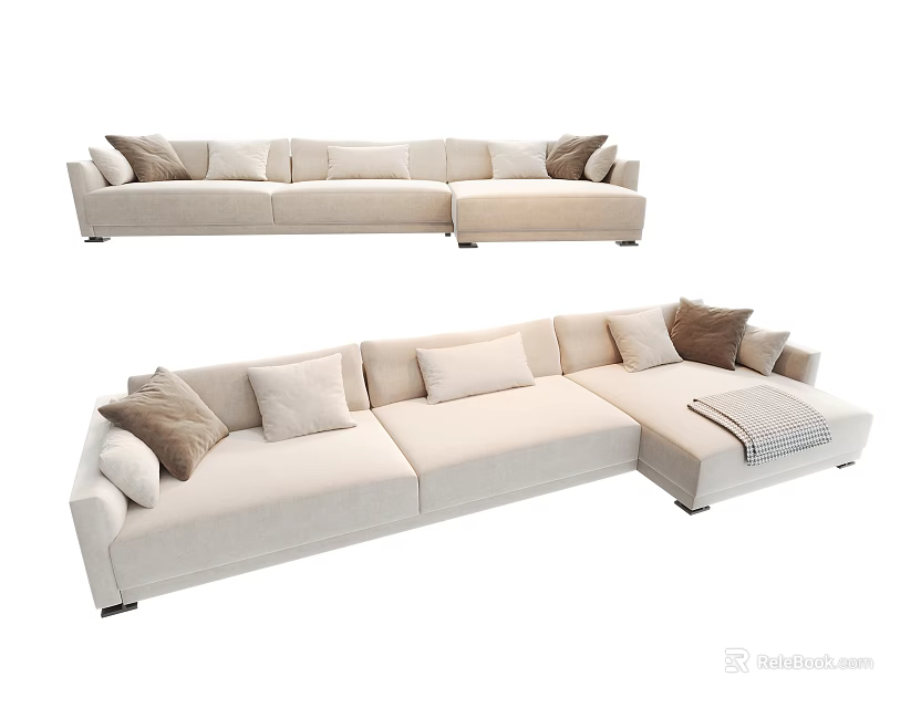 Beige L Shaped Sectional Sofa With Plush Cushions And Throw Blanket 3d model