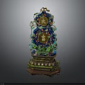 Traditional Furniture Ornament With Blue Gold Intricate Patterns And Auspicious Double Layer Wooden Base