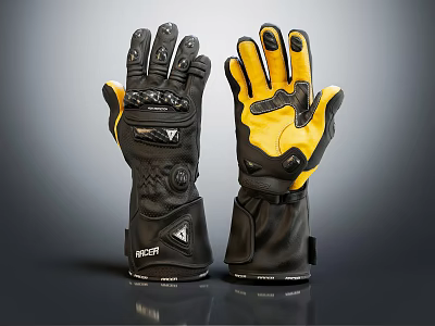 Black And Yellow IVER Motorcycle Gloves With Protective Design And Leather Material 3d model