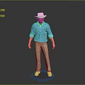 Man Wearing Blue Shirt Beige Pants And Hat With Yellow Shoes On Gray Platform