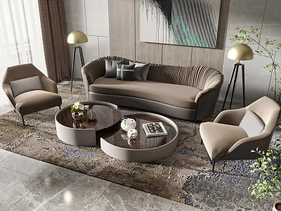 Modern Beige Sofa Set With Round Coffee Table Accent Chairs Floor Lamps And Throw Pillows 3d model