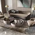 Modern Beige Sofa Set With Round Coffee Table Accent Chairs Floor Lamps And Throw Pillows