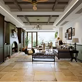 Cozy Dining and Living Room Interior With Wooden Table Tableware Vase Framed Pictures And Staircase