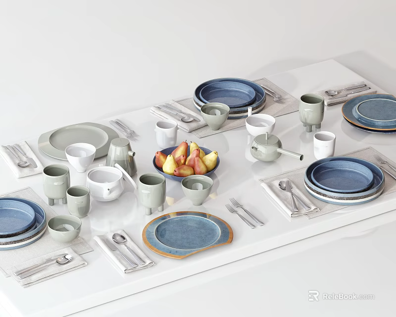 Modern Blue And Gray Dinnerware Set With Plates Cups Spoons And Fruit Plate 3d model