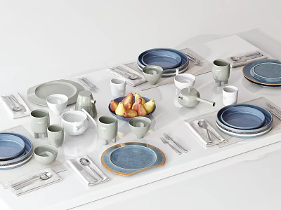 Modern Blue And Gray Dinnerware Set With Plates Cups Spoons And Fruit Plate 3d model