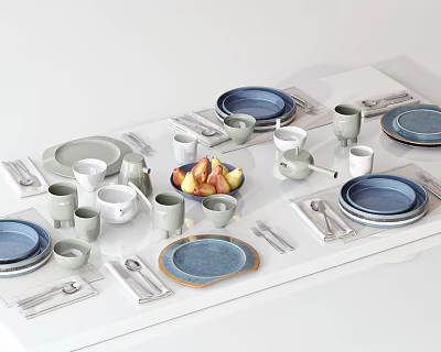 Modern Blue And Gray Dinnerware Set With Plates Cups Spoons And Fruit Plate 3d model